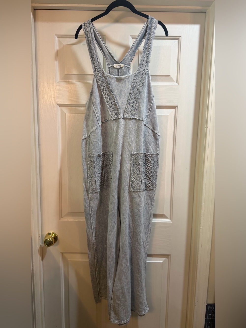J. Her Washed Gray Crochet-Pocket Overalls Size L P2P 19.5” / Inseam 23” #boho